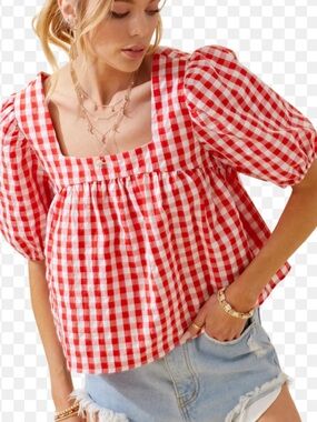 Day + Moon Red Gingham Square Neck Puff Sleeve Blouse Size M